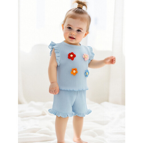 (12-18 Months, Blue) Σετ σορτς νήπια, αμάνικο φανελάκι με λουλούδια & σορτς 2 τεμαχίων 2