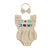 (6-9 Months, Beige) Completo estivo da bambina: tutina all'uncinetto con fiori, maniche a sbuffo e fascia con fiocco, 2 pezzi.