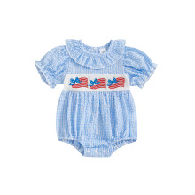 (6-12 Months, Blue) Tutina estiva per neonata, graziosa a maniche corte con fiocco ricamato e inserti decorativi.
