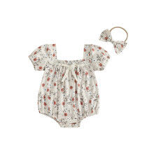(18-24 Months, Apricot) Mono de verano niña, manga corta abullonada, cuello cuadrado, floral, body burbuja con diadema.