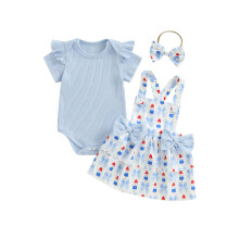 (3-6 Months, Blue) Conjunto para bebê menina: vestido com laço, suspensórios e faixa de cabelo - Roupa 4 de julho