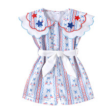 (12-18 Months, Ivory) Mono sin mangas de 4 de julio para niñas pequeñas, bordado de estrellas y estampado de lazos, con cinturón.