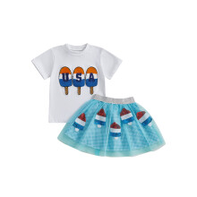 (18-24 Months, White) Conjunto infantil menina 4 de julho: blusa curta com gola e bordado de picolé + saia de tule xadrez (2 peças).