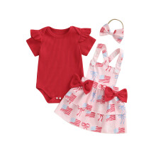 (3-6 Months, Red) Conjunto para bebê menina: vestido com laço, suspensórios e faixa de cabelo - Roupa 4 de julho