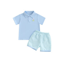 (5-6 Years, Blue) Conjuntos de verano para niños: camisetas cortas con bordados de golf y pantalones cortos a cuadros.