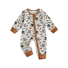 (0-3 Months, Brown) Tutina casual autunnale per neonati, maniche lunghe, girocollo, stampa alce, cerniera obliqua.