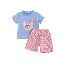 (12-18 Months, Blue) Chlapecké letní kraťasy, sady s krátkým rukávem, výšivkou a kostkovanými kraťasy