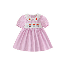 (5-6 Years, Pink) Vestido de niña de manga corta a cuadros con bordado de calabaza, vestido de verano para Halloween