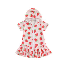 (5-6 Years, Pink) Strandkleid für kleine Mädchen mit Erdbeermuster, kurzen Ärmeln, Reißverschluss, Rüschen und Kapuze