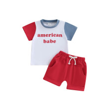 (18-24 Months, Red) Conjunto de 2 piezas para bebé niño 4 de julio: camiseta corta y pantalón corto en colores contrastantes.