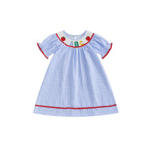 (2-3 Years, Blue) Vestido de niña corto, cuello redondo, estampado a cuadros y bordado, perfecto para verano y vuelta al cole.
