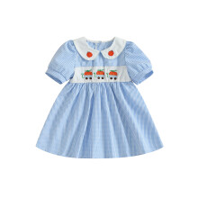 (5-6 Years, Blue) Vestido de niña de manga corta a cuadros con bordado de calabaza, vestido de verano para Halloween