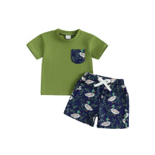 (6-12 Months, Green) Conjunto de verão para bebês e crianças pequenas: camiseta de manga curta e shorts com estampa de patinhos.