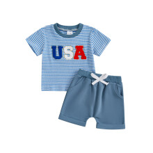 (18-24 Months, Blue) Conjunto de 2 piezas para niños: camiseta de manga corta con bordado y pantalones cortos con cintura elástica.