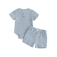 (0-3 Months, Blue) Conjunto verão bebê menino: shorts listrado e body manga curta V, 2 peças com cintura elástica.