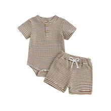 (0-3 Months, Khaki) Conjunto verão bebê menino: shorts listrado e body manga curta V, 2 peças com cintura elástica.