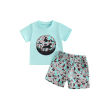 (6-12 Months, Green) Conjunto de 2 piezas para bebé, camiseta corta con estampado de pájaros y pantalones cortos de camuflaje.