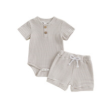 (0-3 Months, Gray) Conjunto verão bebê menino: shorts listrado e body manga curta V, 2 peças com cintura elástica.