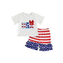 (6-12 Months, White 2) Conjunto infantil para menina, perfeito para o 4 de julho, com camiseta bordada e shorts listrados (2 peças).
