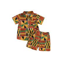 (18-24 Months, Yellow) Batolecí chlapec, geometrické kraťasy s límečkem a krátkým rukávem, 2dílný letní outfit s kapsami