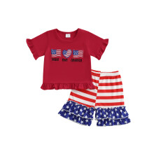 (12-18 Months, Red) Conjunto infantil para menina, perfeito para o 4 de julho, com camiseta bordada e shorts listrados (2 peças).