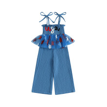 (5-6 Years, Blue) Salopette per bambina 4 luglio con stelle, laccetti, arricciature e tulle, abbigliamento estivo.