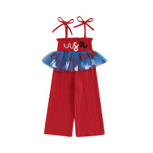 (2-3 Years, Red) Salopette per bambina 4 luglio con stelle, laccetti, arricciature e tulle, abbigliamento estivo.