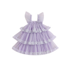 (4-5 Years, Purple) Kleinkinderkleid mit Punkten, Lagenlook, Fliegenmuster-Ärmel, Freizeitmode, Prinzessinnen-Sommerkleid