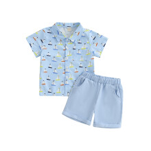 (5-6 Years, Blue) Conjunto de verano para niño: camisa corta con estampado de velero y pantalón corto elástico.
