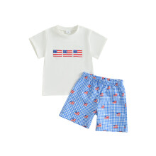(3-4 Years, White) Conjunto patriótico para bebé: camiseta corta con bordado y pantalones cortos a cuadros (2 piezas).