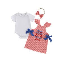 (9-12 Months, Red) Conjunto 3 peças bebê menina: macacão, vestido xadrez com bordado e faixa de cabelo.
