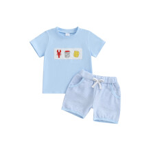 (4 Years, Sky Blue) Conjunto de verano para niño: camiseta corta y pantalones cortos con bordado de langosta (2 piezas).