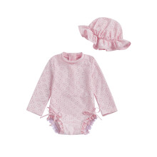 (6-12 Months, Pink) Taaperotyttöjen pitkähihainen silmukkauimapuku, pyöreä kaula-aukkoinen, röyhelöinen, uimahatulla, 2 kpl setti
