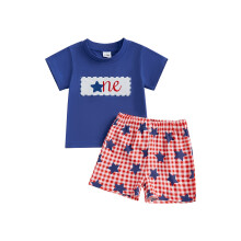 (6-12 Months, Blue) Dětský 4. července outfit - top s krátkým rukávem, vyšívaná hvězda, kostkované kraťasy, 2 ks