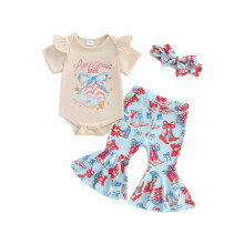 (0-3 Months, Blue) Conjunto 3 peças bebê menina 4 de julho: body curto, calça flare laço e faixa de cabelo.