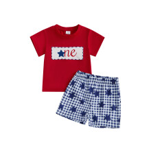 (6-12 Months, Red) Dětský 4. července outfit - top s krátkým rukávem, vyšívaná hvězda, kostkované kraťasy, 2 ks
