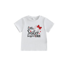 (1-2 Years, White) Camiseta infantil feminina de verão, casual, estampa de letras, laço, estilo beisebol, manga curta.