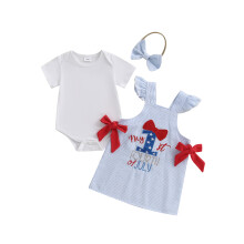 (3-6 Months, Blue) Conjunto 3 peças bebê menina: macacão, vestido xadrez com bordado e faixa de cabelo.