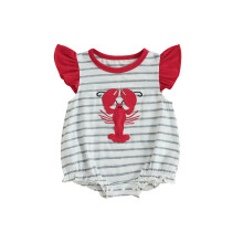 (3-6 Months, Gray) Baby-Mädchen-Strampler mit Hummerstickerei, Streifen, Rundhalsausschnitt, Eingriffärmeln, Baby-Bodys, Jumpsuits