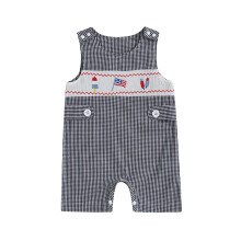 (0-3 Months, Dark Grey) Tutina neonato senza maniche con ricamo a quadri e bandiera del 4 luglio, perfetta per il tempo libero.