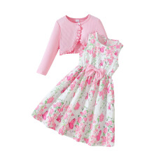(3-4 Years, Pink) Lasten tyttömekko setti kukkakuviolla, hihaton A-linjainen mekko ja pitkähihaisella neuletakilla