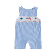 (6-12 Months, Blue) Tutina neonato senza maniche con ricamo a quadri e bandiera del 4 luglio, perfetta per il tempo libero.