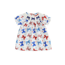 (2-3 Years, Beige) Vestido para niña del 4 de julio, Día de la Independencia, manga corta, estampado de bandera y lazo, corte A