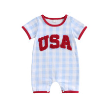 (3-6 Months, Blue) Tutina per neonato a tema 4 luglio con ricamo di lettere, stampa a quadri, maniche corte e scollo rotondo.
