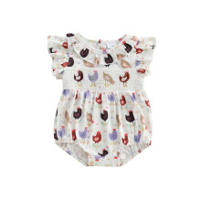 (6-12 Months, White) Baby-Mädchen-Strampler mit Kükenmotiv, Rüschen und Flügelärmeln – süßes Sommeroutfit