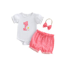 (12-18 Months, Red) Conjunto 3 peças para 1º aniversário de bebê menina: body, shorts, faixa com laço.
