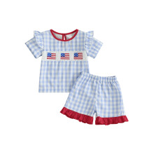 (18-24 Months, Sky Blue) Conjunto de shorts para bebê menina com camiseta bordada e shorts xadrez para o 4 de julho.