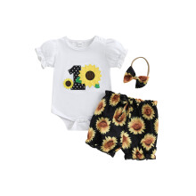 (6-12 Months, Black) Conjunto 3 peças para 1º aniversário de bebê menina: body, shorts, faixa com laço.