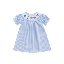 (12-18 Months, Blue) Vestido de verano para niña, lazo, manga corta, bordado, rayas, corte A, holgado