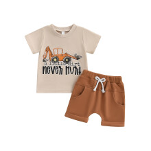 (12-18 Months, Khaki) 2dílná letní sada oblečení pro chlapečka s krátkým rukávem a potiskem bagru, tričko a kraťasy pro batolata